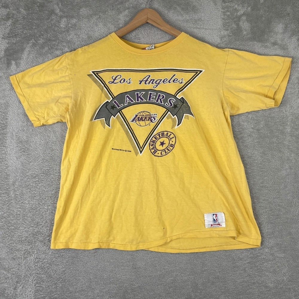 Vintage Los Angeles Lakers T Shirt Mens XL Yellow Nutmeg Mills 1988 NBA Graphic